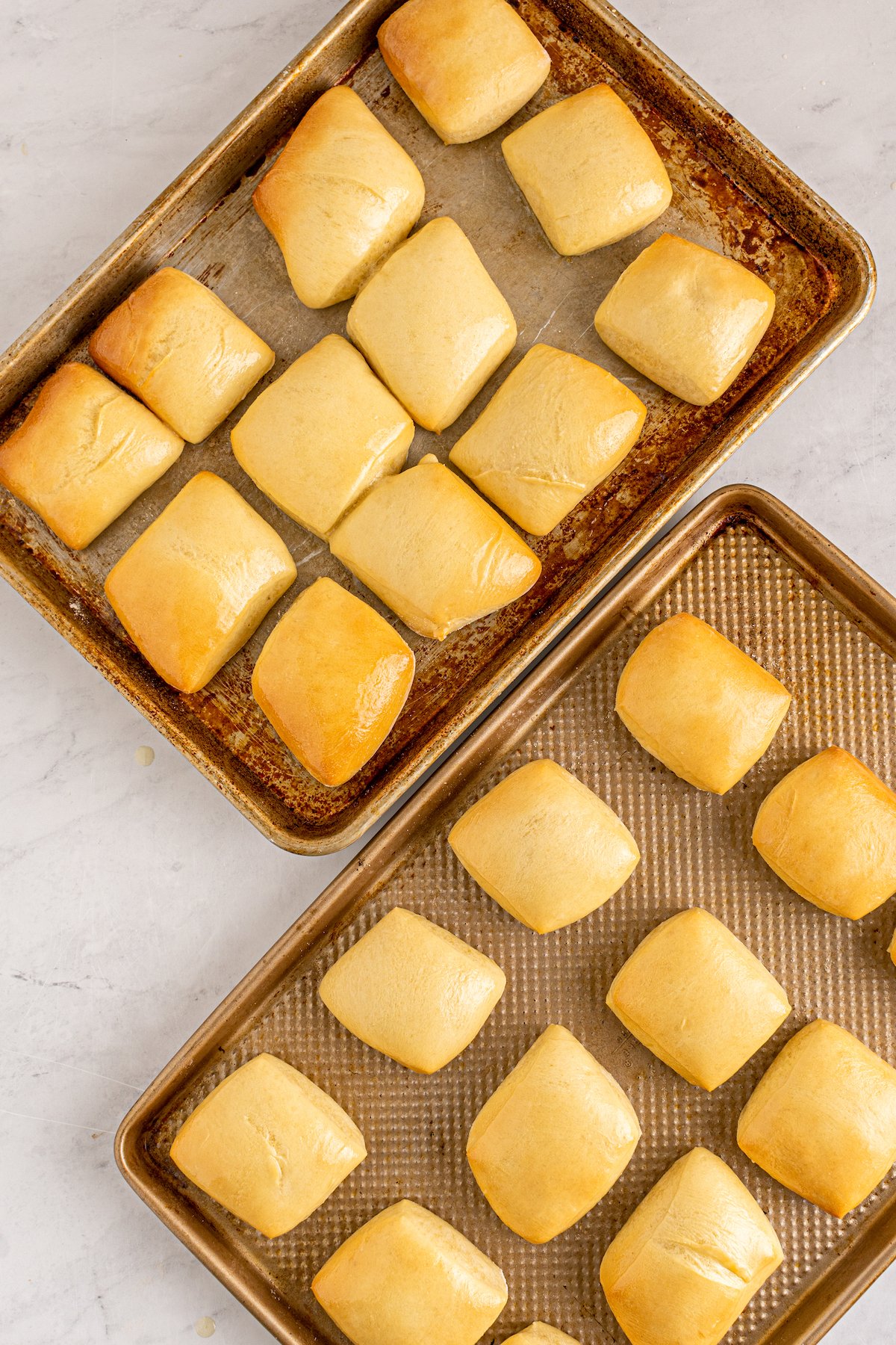 Golden-brown, baked yeast rolls on baking sheets.