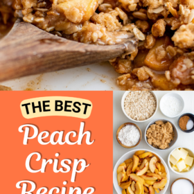 Peach crisp with a wooden spoon scooping up peaches with an oat topping and a serving in a bowl.