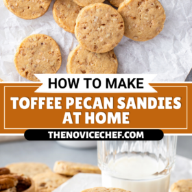 Toffee pecan cookies scattered on parchment paper and more cookies stacked on top of each other with a glass of milk.