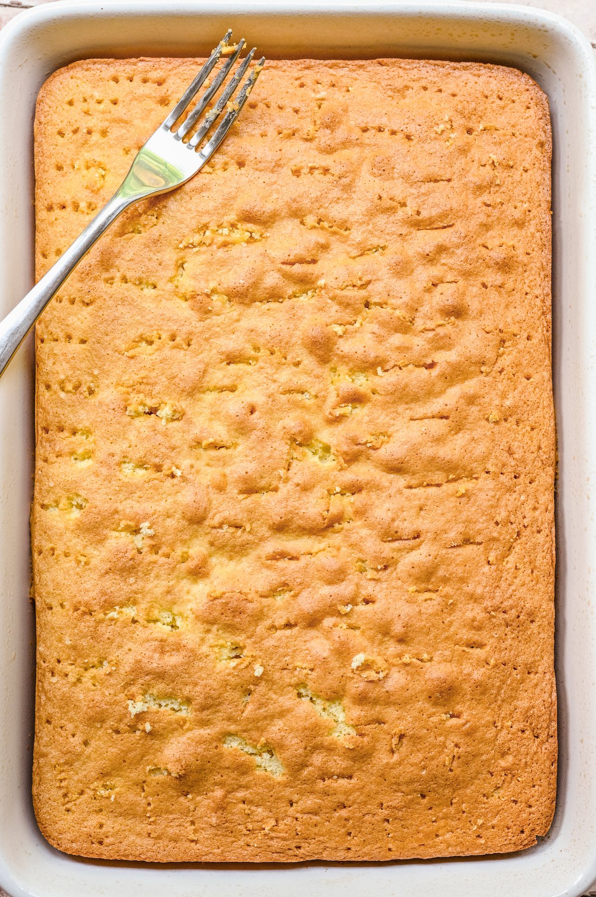 A sheet of vanilla cake in a pan covered in tiny holes made by fork tines with a fork lying on top.
