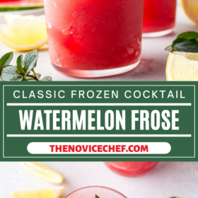 Two glasses of watermelon frosé with watermelon garnish.