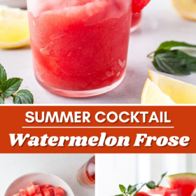 A glass of frozen watermelon cocktail with a watermelon wedge.