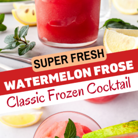 A glass of watermelon frosé with a watermelon wedge garnish.