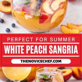 A pitcher with white sangria and a stemless wine glass with white sangria with fruit and berries.