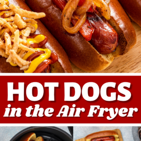 Hot dogs with peppers and onions on top and two hot dogs in an air fryer.