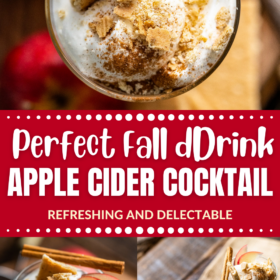 Apple cider cocktail in a glass with whip cream on top.