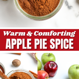 Apple pie spice seasoning mix in a mason jar and ingredients on a wood cutting board.