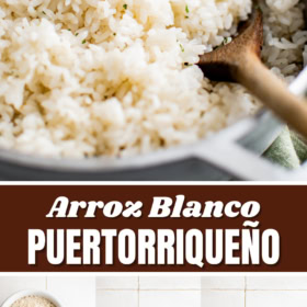 Arroz blanco in a caldero with a wooden spoon and images of the rice being made.