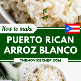 Arroz blanco in a white bowl with herbs on top and arroz blanco in a caldero being spooned into bowls.