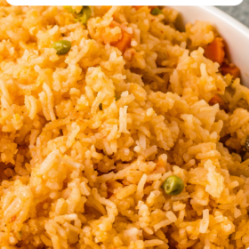 Mexican rice in a white dish.