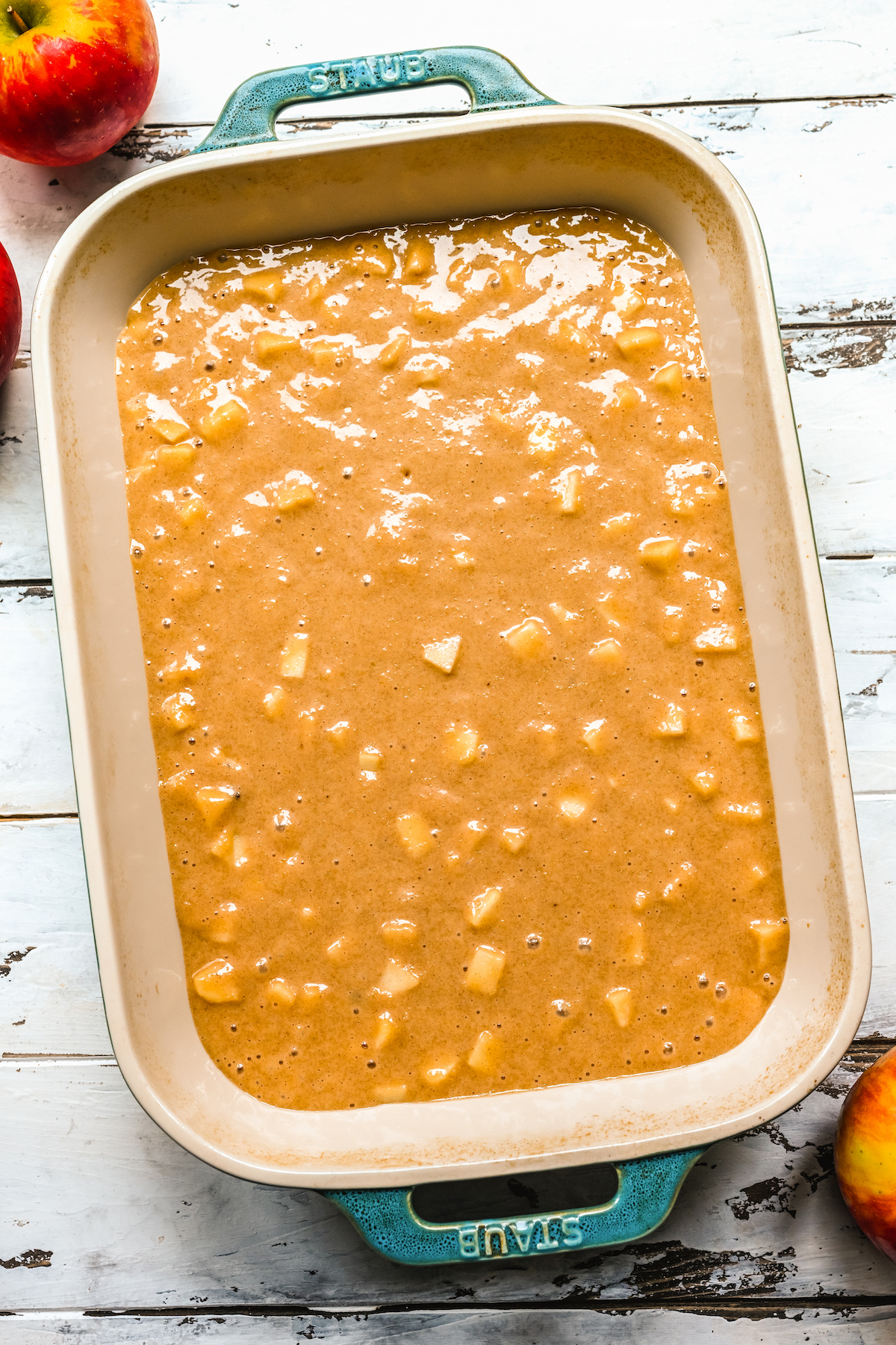 Cake batter in a baking pan