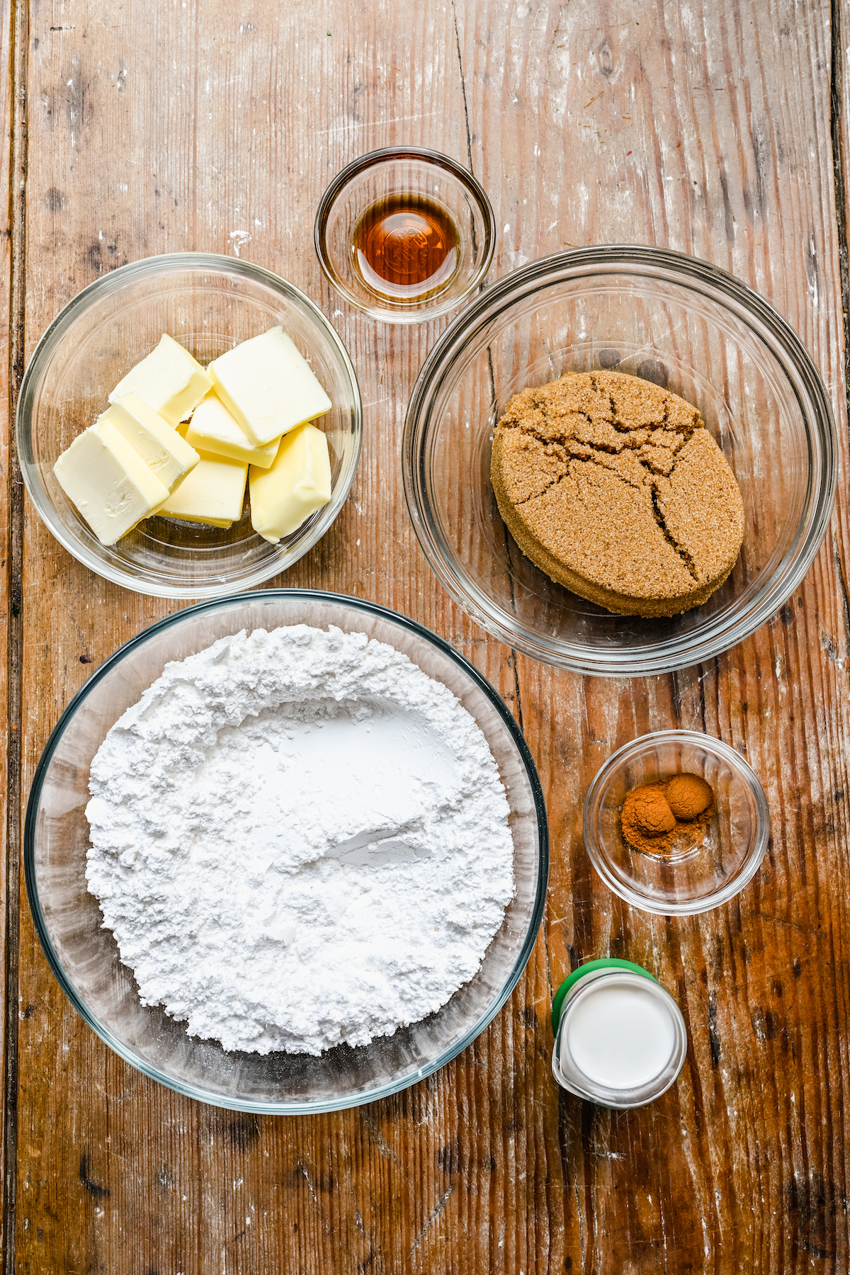 From top: Vanilla, light brown sugar, cinnamon, half and half, powdered sugar, butter.