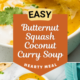 A spoonful of butternut squash soup and an overhead image of soup in a bowl with cream.