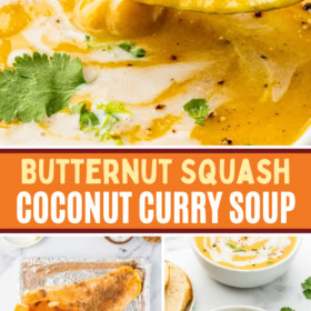 Butternut squash cut in half on a baking sheet with butter and spices on it and a bowl of butternut squash soup.