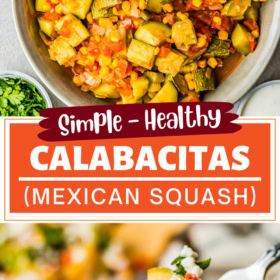 Calabacitas in a bowl and a fork picking up a bite of Calabacitas.