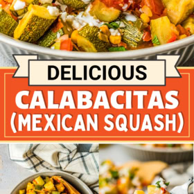 Spanish squash sautéed with cheese on top, in a bowl with cheese and cilantro in bowls next to it and a fork taking a bite.