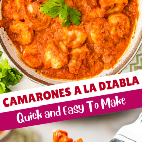 Camarones a la diabla in a dish and a fork picking up a shrimp.