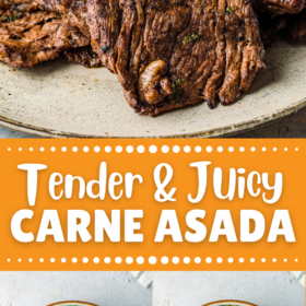 Carne Asada on a plate and tossing the steak in a bowl.