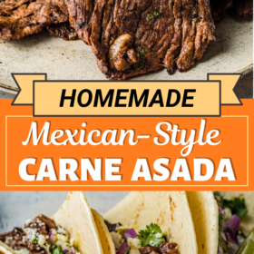 Carne asada on a plate and in tacos with toppings.