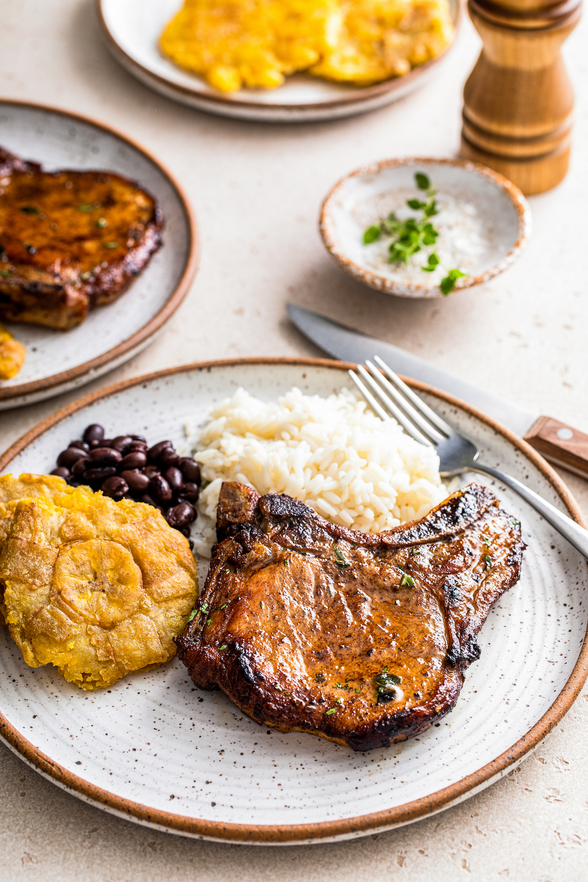 A plate of rice, beans, and pork chops