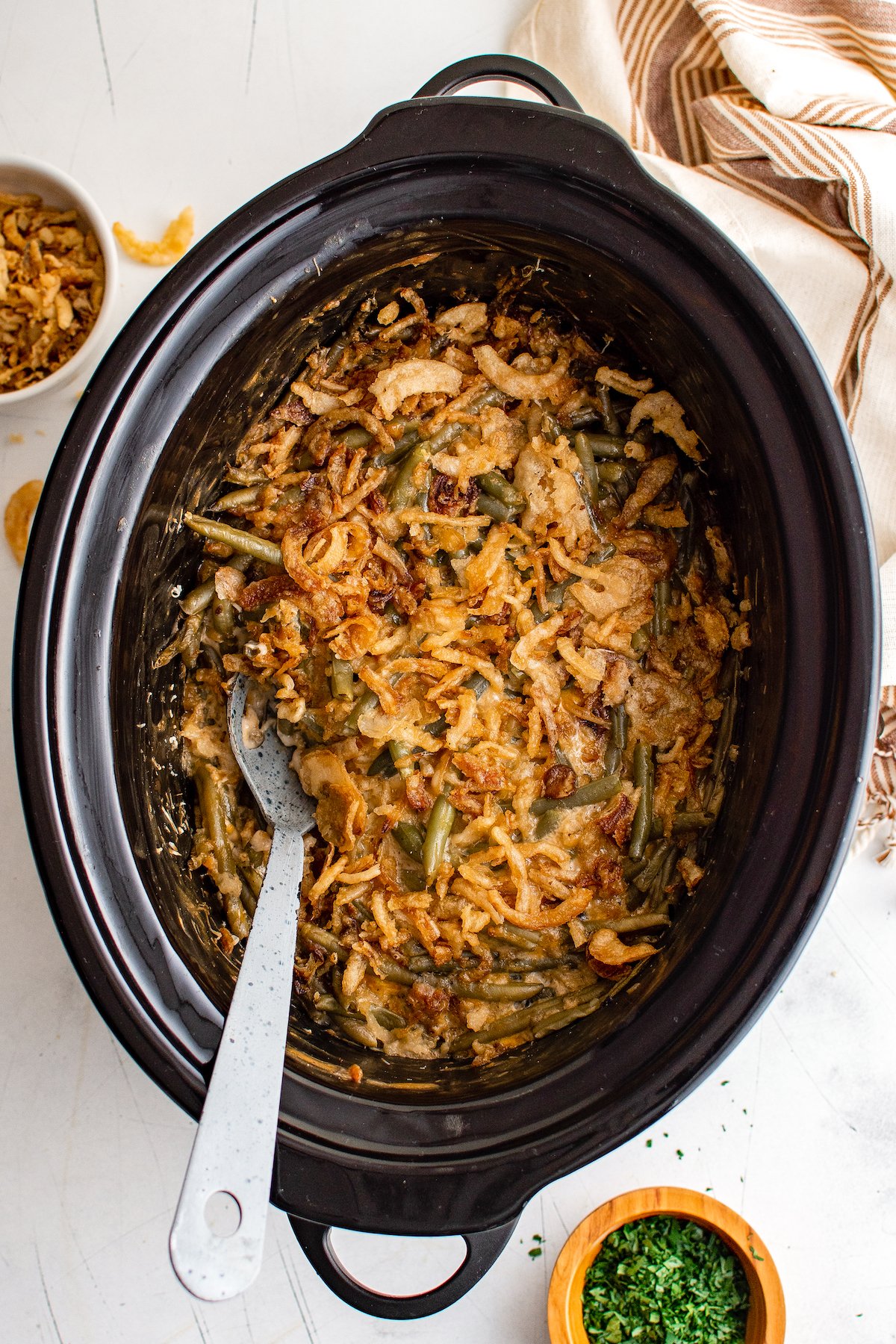 Slow Cooker Green Bean Casserole - Crunchy Creamy Sweet