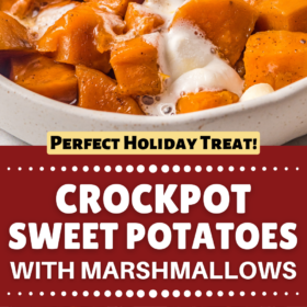 A bowl of sweet potatoes with marshmallows on top, sweet potatoes in a crockpot and sweet potatoes with marshmallows on top in a crockpot.