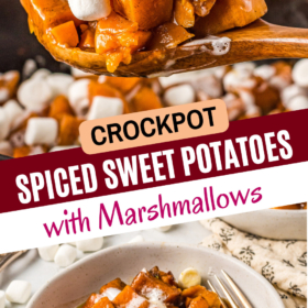 A spoon lifting a serving of sweet potatoes with marshmallows from a crockpot and bowl of sweet potatoes with a fork.