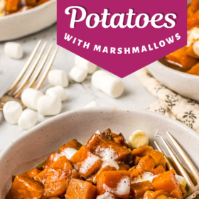 A bowl with cooked cubed sweet potatoes with marshmallows.