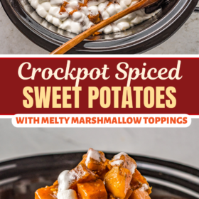 Crockpot sweet potatoes with marshmallows on top in a crockpot and a wooden spoon scooping up a serving.