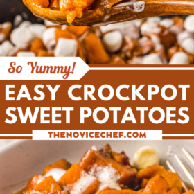 A spoon lifting up a serving of sweet potatoes from a slow cooker and marshmallows melted on top of sweet potatoes.