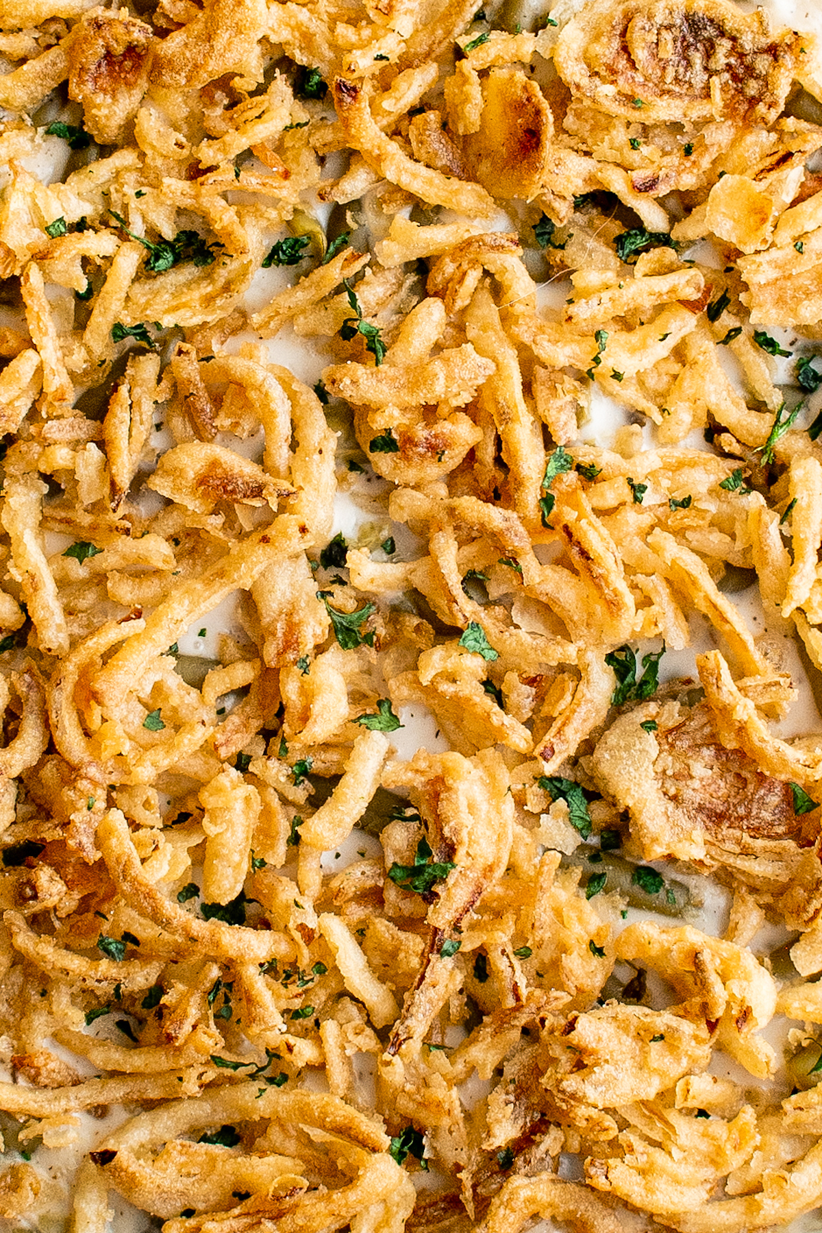 Close-up shot of holiday casserole, showing the texture of the crispy onion topping.