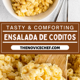 A bowl of Ensalada de Coditos and a wooden spoon scooping up a serving.