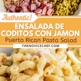 A bowl with peas, noodles, ham and more and puerto rican pasta salad with ham.
