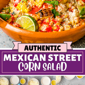 A bowl of mexican street corn salad and corn on a baking sheet and corn being cut off the cob.