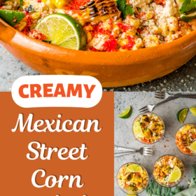 Mexican street corn salad with crushed hot cheetos on top in a large bowl and cups.