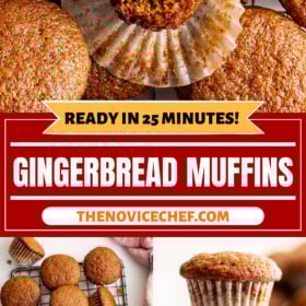 Gingerbread muffins on a cooling rack, three muffins stacked on top of each other and a muffin with a bite taken out of it.