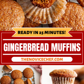 Gingerbread muffins on a cooling rack, three muffins stacked on top of each other and a muffin with a bite taken out of it.