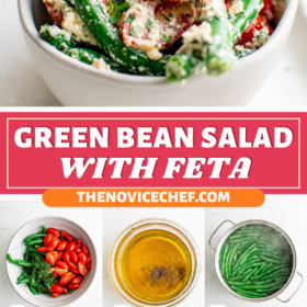 Green bean salad in a bowl and images of green bean salad being made.