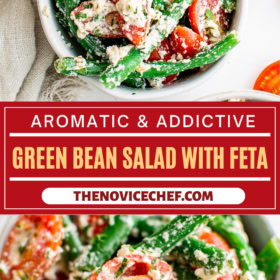 A fresh salad made with green beans, tomatoes and feta cheese in bowls.