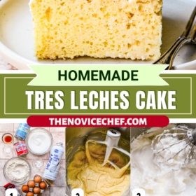 A slice of tres leches cake and step by steps of the cake being made.