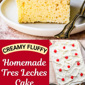 A slice of tres leches cake on a plate and a fork taking a bite.