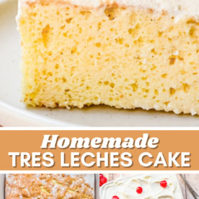 Tres leches cake on a white plate, cake with holes and milk being poured on top and whip cream spread on top of a cake with cherries on top.