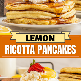 Syrup being poured on top of a stack of lemon ricotta pancakes and pancakes cut on a plate.