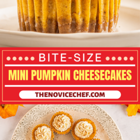 Pumpkin cheesecake on a plate and 9 mini pumpkin cheesecakes arranged in a circle on a white plate.