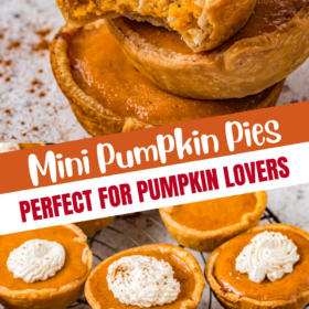 Mini pumpkin pies on a cooling rack and stacked on top of each other with a bite taken out of the top one.