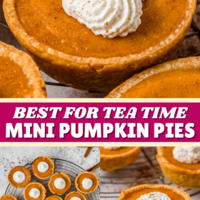 Mini pumpkin pies with whip cream on top and pies on a cooling rack.