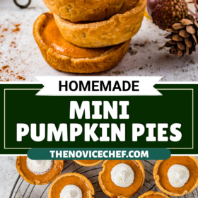 Small pumpkin pies stacked on top of each other and on a cooling rack with whip cream on top.
