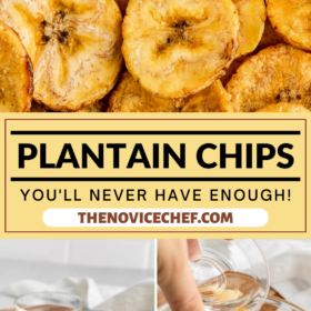 Sliced plantain chips with salt on them, a plantain being sliced and sliced plantains in a bowl.