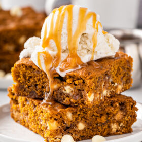 Two pumpkin blondies a la mode.