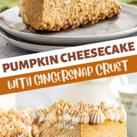 A slice of pumpkin cheesecake with gingersnap crust and a serving spoon lifting a slice of cheesecake.